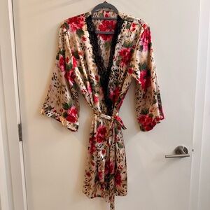 Floral Satin Robe with Black Lace Trim
